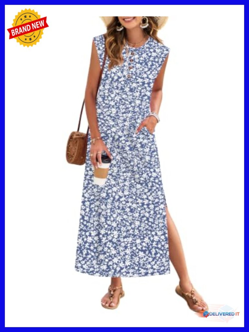 Waffle Knit Maxi Dress with Pockets Cap Sleeve Casual Summer Beach